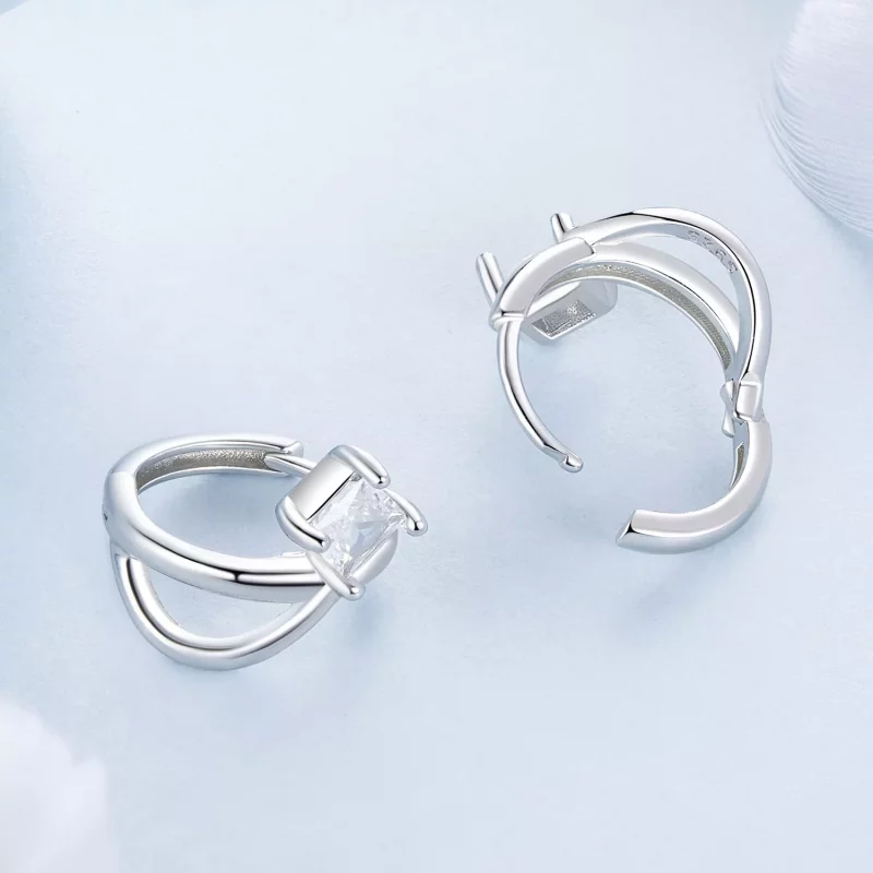 (imagen para) Pendientes de clip de doble capa con circonitas cuadradas estilo PANDORA - BSE10 - Ver 4