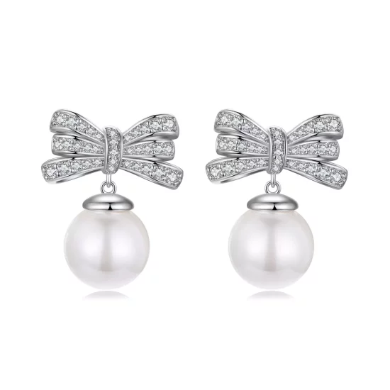 (imagen para) Pendientes de perla con lazo estilo PANDORA - YIE247