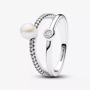 (imagen para) Anillo Pandora Perla Cultivada de Agua Dulce y Doble Banda en Pavé - 193147C01