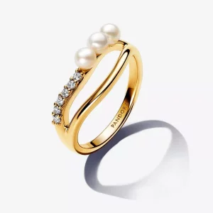 (imagen para) Anillo Pandora Perla Cultivada de Agua Dulce y Doble Banda Forma Orgánica - 163258C01