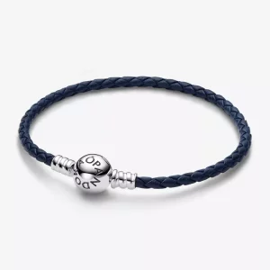 (imagen para) Pulsera de Cuero Trenzado Azul con Cierre Redondo de Pandora Moments - 592790C01