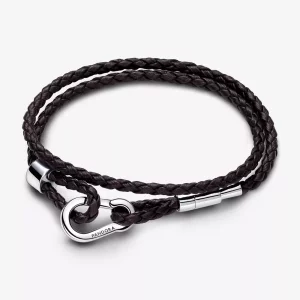 (imagen para) Pulsera Pandora Moments en Cuero Trenzado Doble Marrón - 593338C01