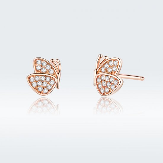 Estos aretes de estilo Pandora en color oro rosa tienen forma de mariposa - SCE776 - Haga click en la imagen para cerrar