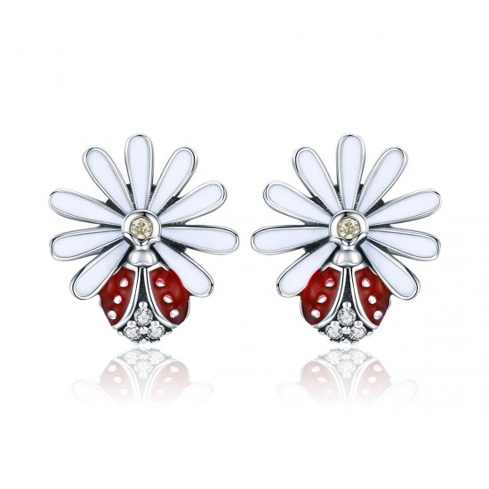 Pendientes de Flor y Mariquita de Plata de Estilo Pandora - SCE459 - Haga click en la imagen para cerrar