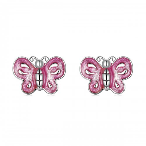Estilo Pandora Pendientes de Mariposa Rosa - SCE1344