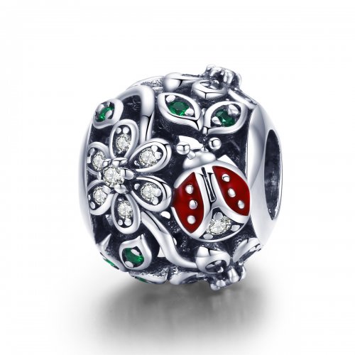 Pulsera estilo Pandora con charm de mariquitas y flores en plata - SCC926
