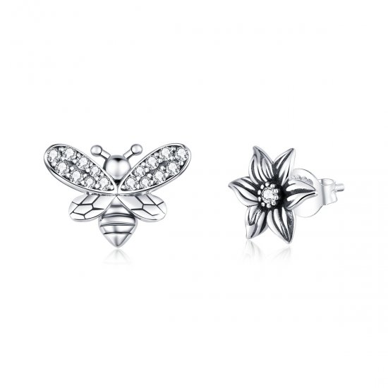 Pendientes de botón en estilo Pandora con mariposa y flor de plata - SCE884 - Haga click en la imagen para cerrar