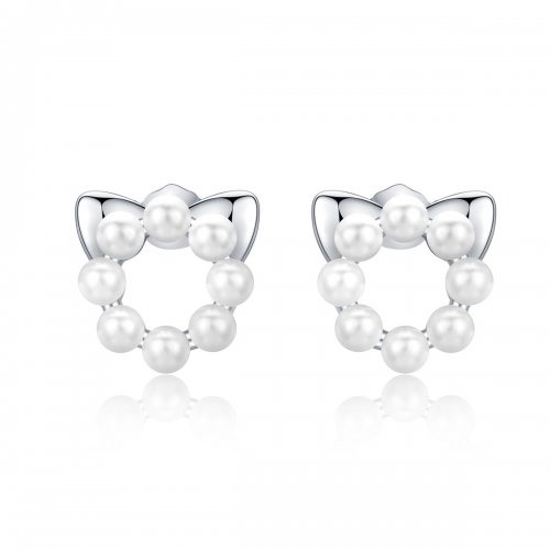 Pendientes de Plata Estilo Pandora con Perla en Forma de Gato - SCE688
