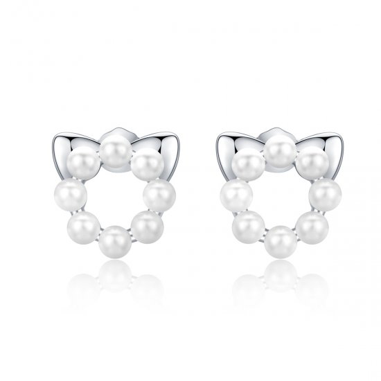 Pendientes de Plata Estilo Pandora con Perla en Forma de Gato - SCE688 - Haga click en la imagen para cerrar