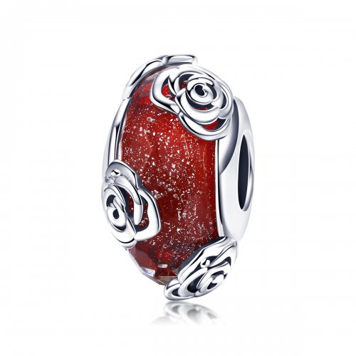 Pandora Style Fragante Rosa de Vidrio Murano Charm Plateado - SCC1030