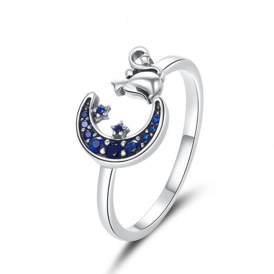 Anillo abierto de estilo Pandora en plata con luna y gato - SCR677 - Haga click en la imagen para cerrar
