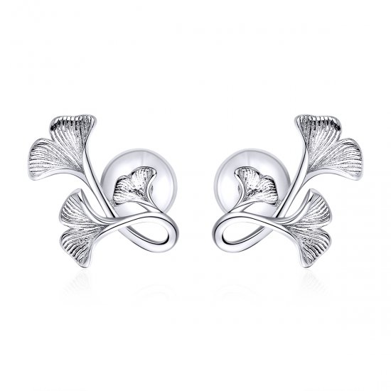 Pendientes de Botón de Hoja de Ginkgo Plateados de Estilo Pandora - BSE328 - Haga click en la imagen para cerrar