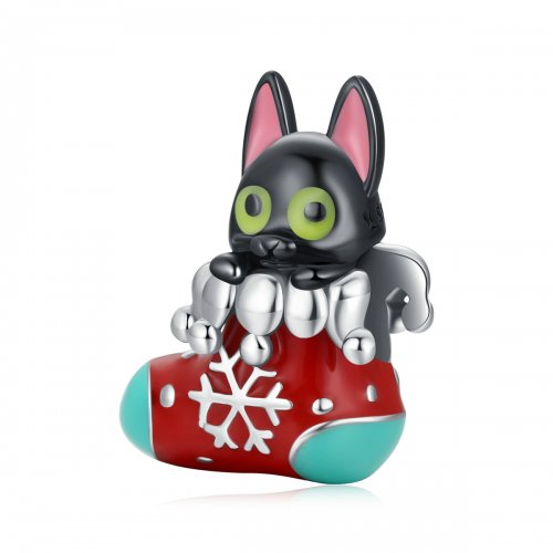 Charm de gatito con medias navideñas de plata al estilo Pandora - SCC2036