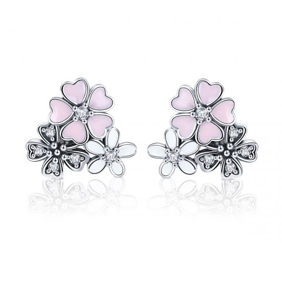 Pendientes de botón estilo Pandora con margaritas y flores de cerezo en plata - SCE400 - Haga click en la imagen para cerrar