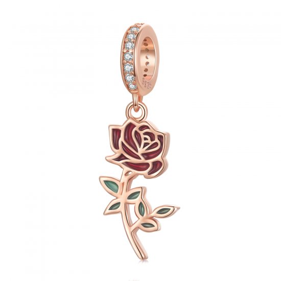 Pendiente de estilo Pandora con rosa roja colgante - BSC642 - Haga click en la imagen para cerrar