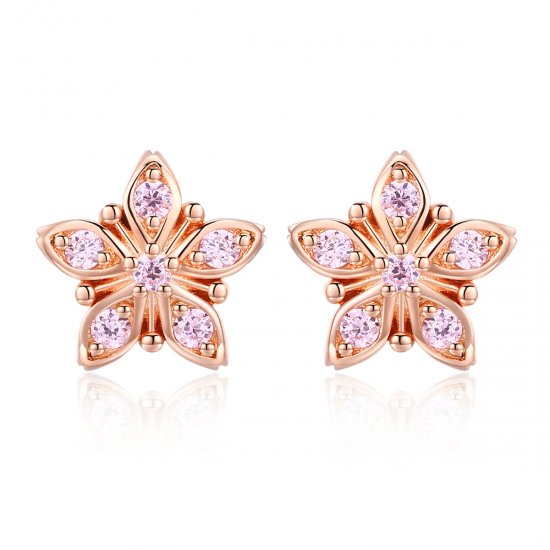 Estilo Pandora Pendientes de Botón en Rosa Dorado con Margaritas - BSE034 - Haga click en la imagen para cerrar