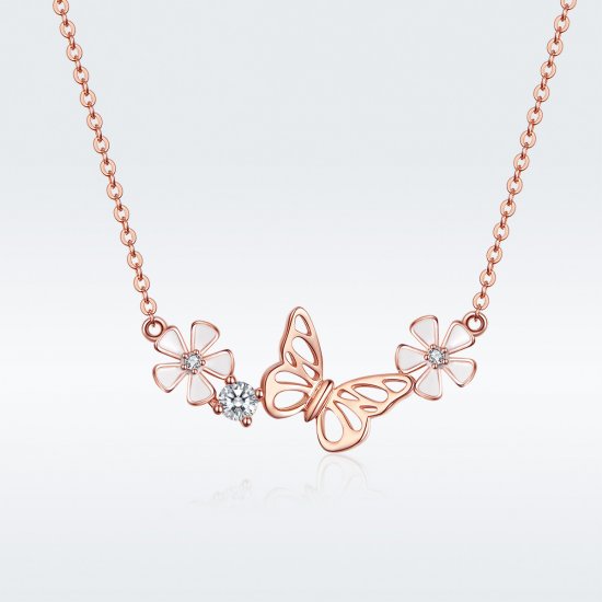 Collar con colgante de mariposa danzante en estilo Pandora color oro rosa - BSN053 - Haga click en la imagen para cerrar
