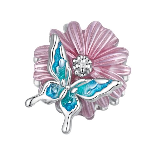 Charm de estilo Pandora con mariposa y crisantemo - BSC788