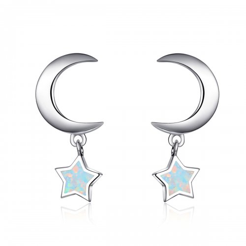 Estilo Pandora Aretes Colgantes de Luna y Estrella con Ópalo - SCE707