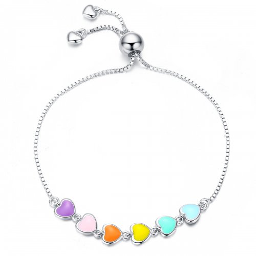 Pulsera deslizante estilo Pandora con corazones de arcoíris de plata - SCB158