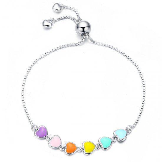 Pulsera deslizante estilo Pandora con corazones de arcoíris de plata - SCB158 - Haga click en la imagen para cerrar