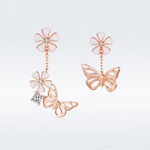 Pendientes colgantes estilo Pandora en color oro rosa con mariposa danzante