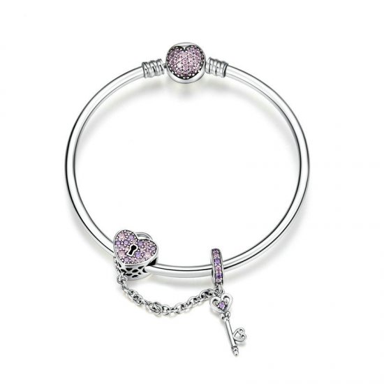 Pulsera estilo Pandora plateada con llave rosa y candado con corazón pavé - SCB820 - Haga click en la imagen para cerrar