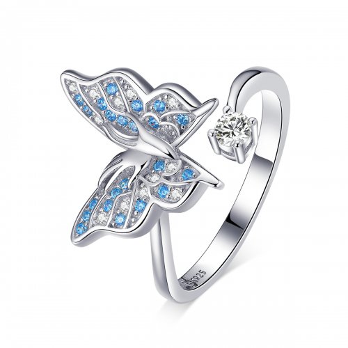 Anillo abierto de ala de mariposa plateada estilo Pandora - BSR098