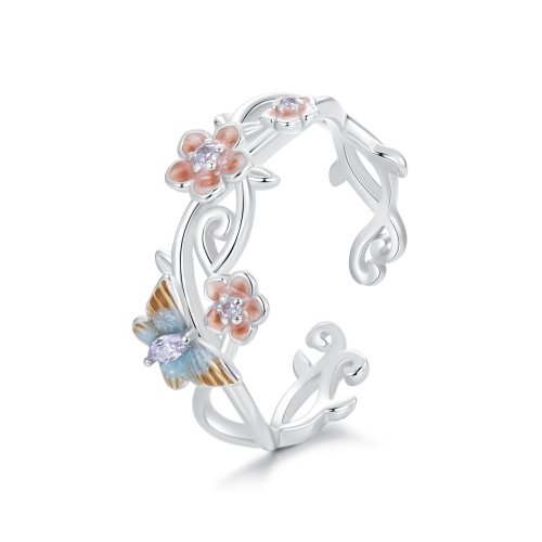 Anillo romántico con mariposa y diseño de Sakura en estilo PANDORA - BSR538-E