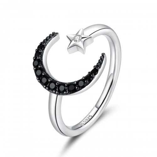 Anillo abierto de Luna y Estrella, estilo Pandora, en plata - BSR137