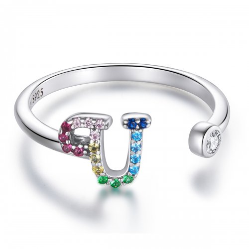 Anillo abierto estilo Pandora con letra U en colores vibrantes - SCR723-U