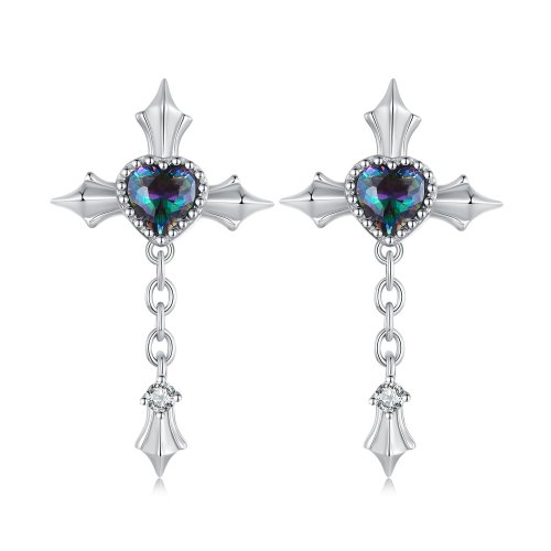 Pendientes de estilo Pandora con cadena y cruz - BSE912