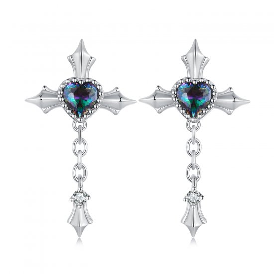 Pendientes de estilo Pandora con cadena y cruz - BSE912 - Haga click en la imagen para cerrar