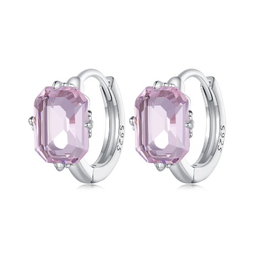 Aretes de Aro con Gema Rosa al Estilo Pandora - BSE889 Aretes de Aro con Gema Rosa al Estilo Pandora - BSE889