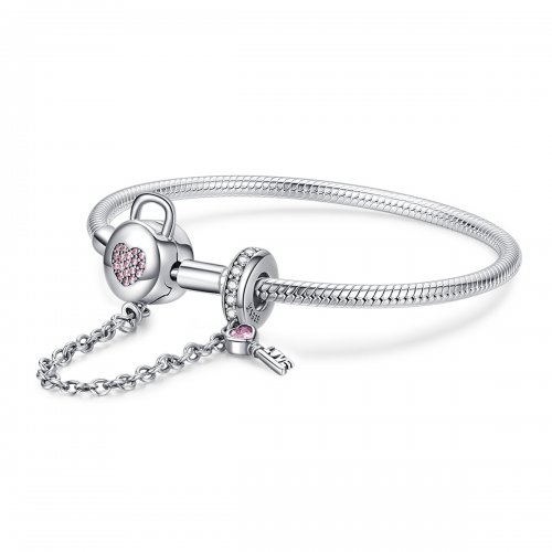 Pulsera deslizable estilo Pandora con corazones y llave de plata - SCB143