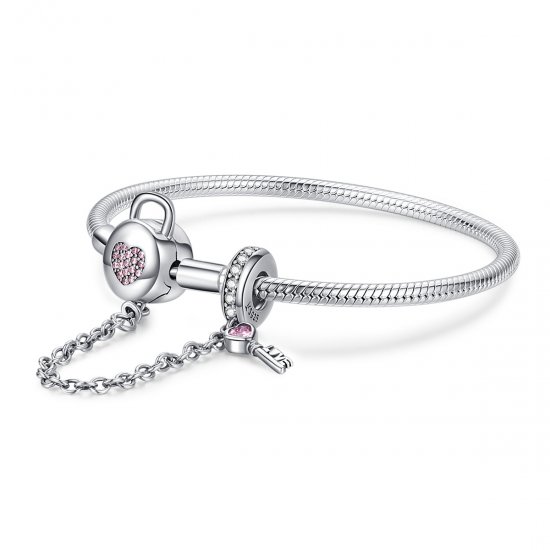 Pulsera deslizable estilo Pandora con corazones y llave de plata - SCB143 - Haga click en la imagen para cerrar