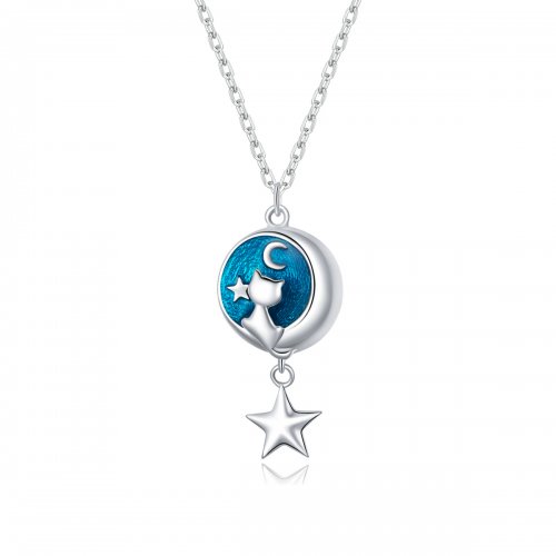 Collar colgante estilo Pandora plata con luna y gato - SCN422