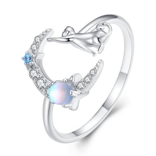 Anillo abierto estilo Pandora con luna y gato - BSR315