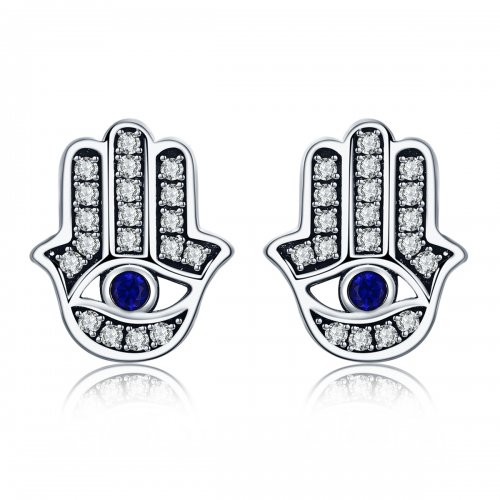 Pendientes de botón de plata estilo Pandora con mano de Fátima - SCE389