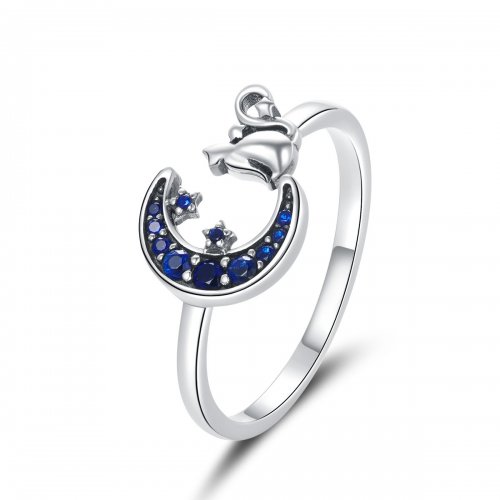 Anillo abierto de estilo Pandora en plata con luna y gato - SCR677