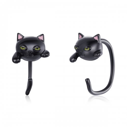 Pendientes de botón Plateados con Estilo Pandora de Gato Negro - SCE1125