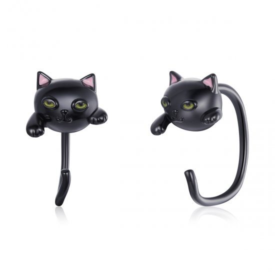 Pendientes de botón Plateados con Estilo Pandora de Gato Negro - SCE1125 - Haga click en la imagen para cerrar