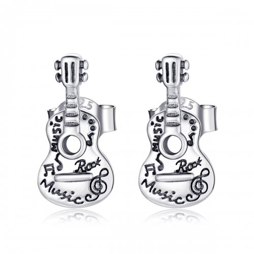 Pendientes de botón de guitarra vintage plateados al estilo de Pandora - SCE1155