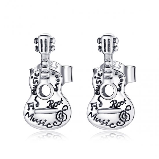 Pendientes de botón de guitarra vintage plateados al estilo de Pandora - SCE1155 - Haga click en la imagen para cerrar
