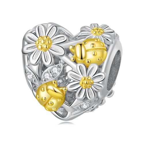 Charm de estilo Pandora con margarita y mariquita - BSC817