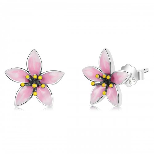 Pendientes de Botón Estilo Pandora con Diseño de Flores de Cerezo Rosa - SCE1273