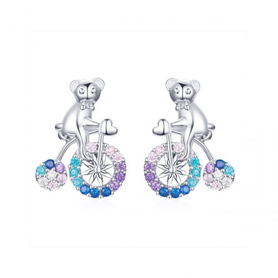 Pendientes de botón estilo Pandora de plata con diseño de oso en bicicleta - SCE677 - Haga click en la imagen para cerrar