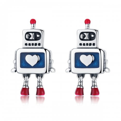 Pendientes de botón plateados estilo Pandora con forma de robot - SCE477