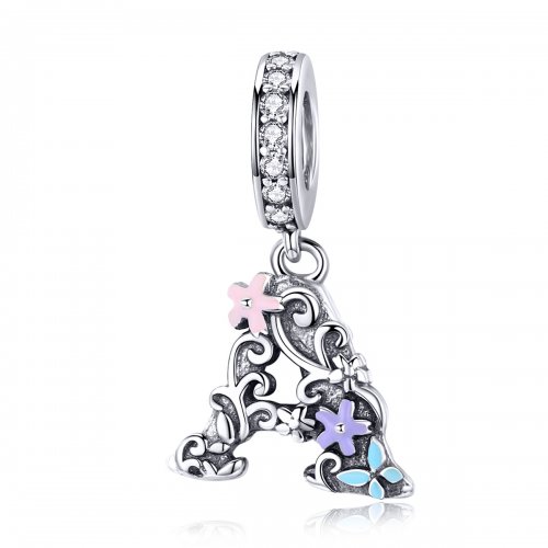 Pendiente con dije de letra A en forma de flor plateada estilo Pandora - SCC1273