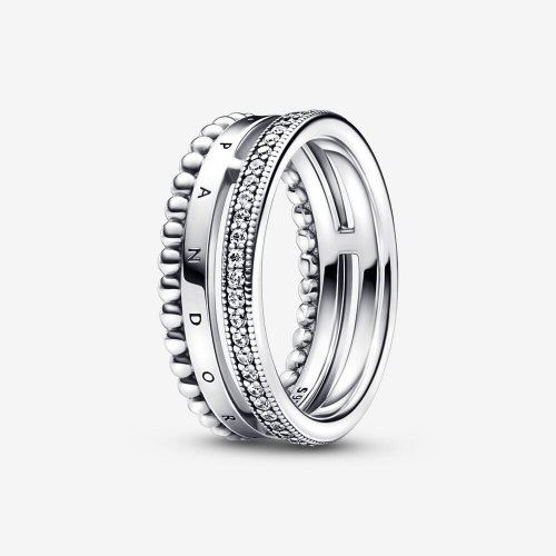 Anillo con pavé y cuentas con el logotipo de Pandora Signature - 192312C01
